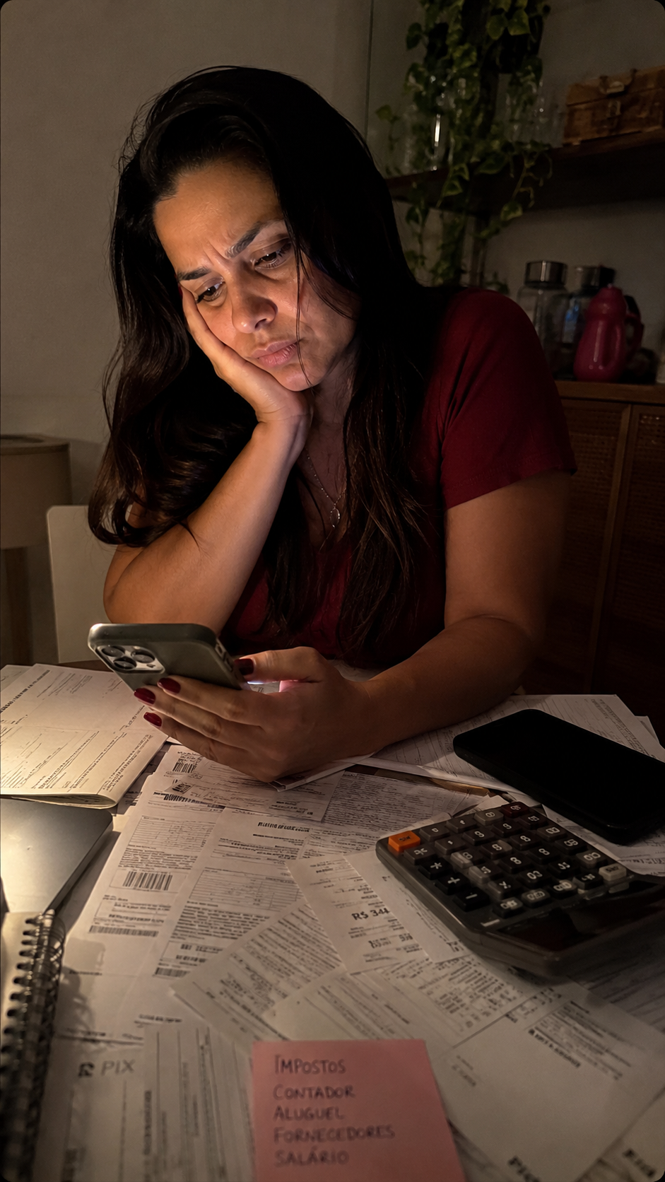 Empreendedora cansada respondendo cliente no celular tarde da noite